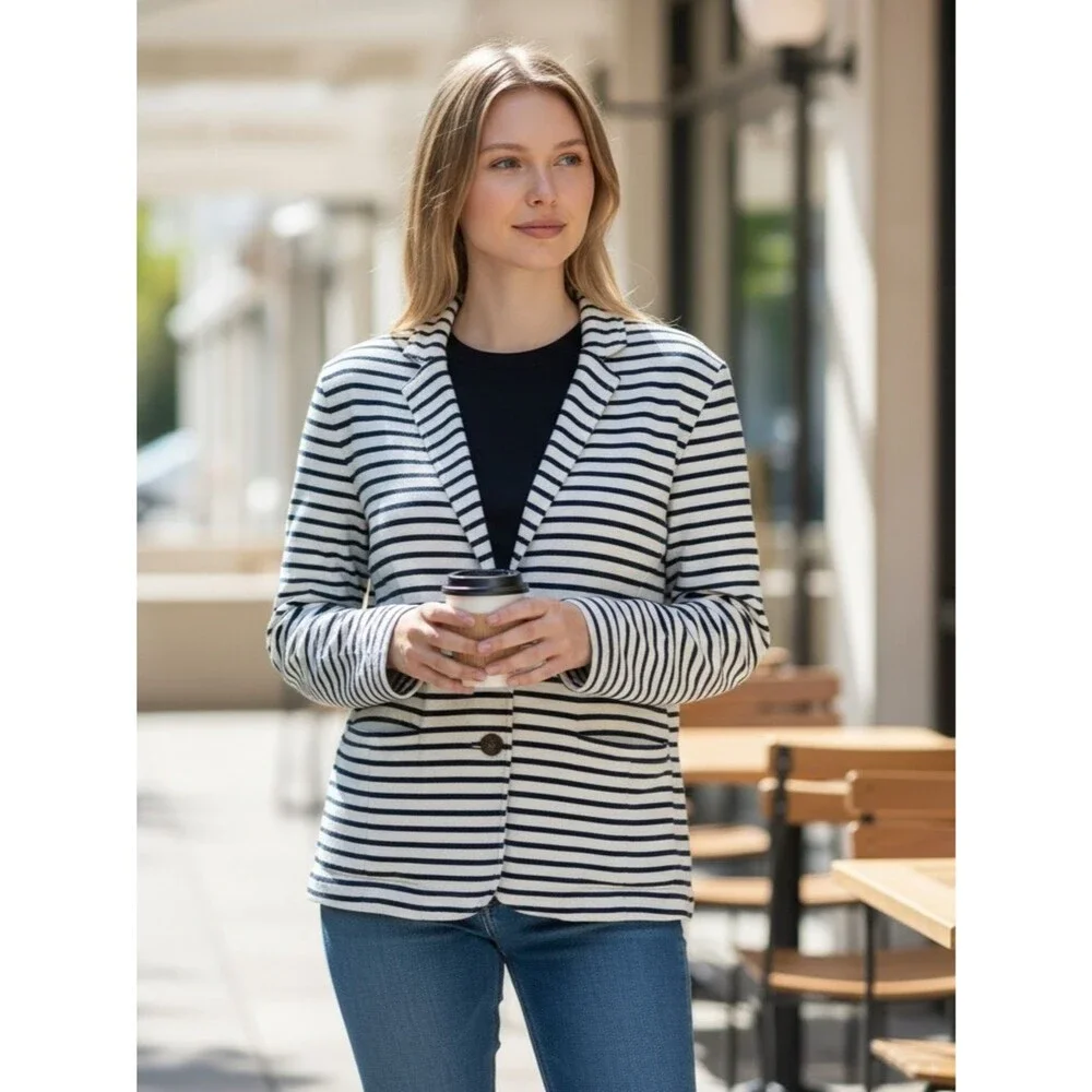 J. Crew Women’s L 100% Cotton Striped Navy & Off White Summer Blazer